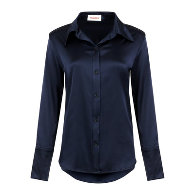 Front of Siena Silk Button Up in Navy