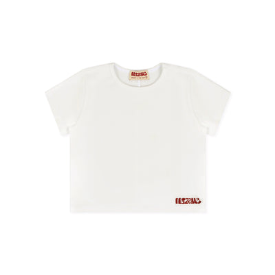 front view of white best baby tee with mizawe logo