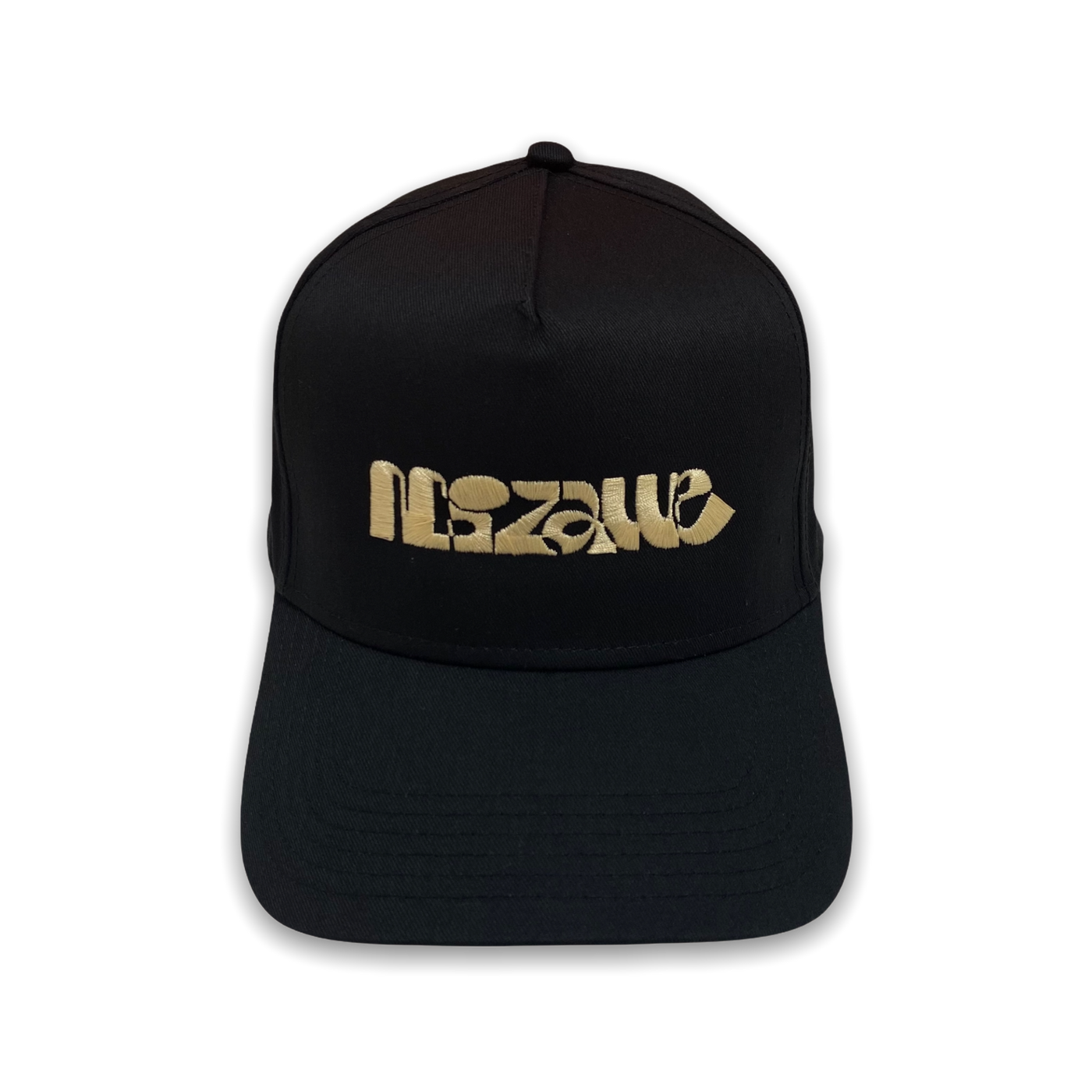 black trucker hat with mizawe retro logo