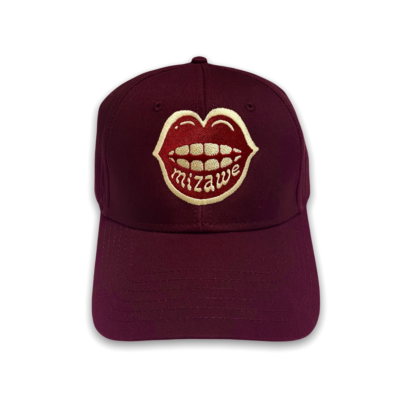 red dad hat with mizawe mouth logo