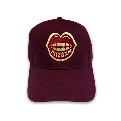 red dad hat with mizawe mouth logo