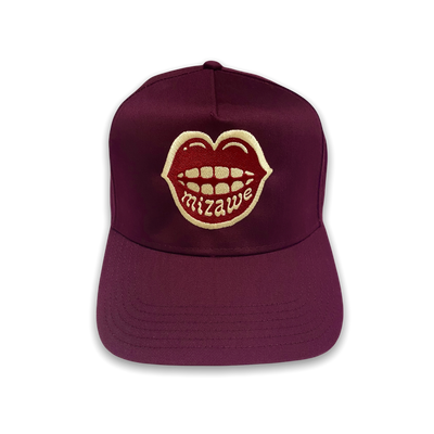 red trucker hat with mizawe mouth logo