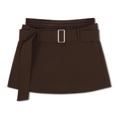 front of brown montmartre mini skirt with elastic band and belt