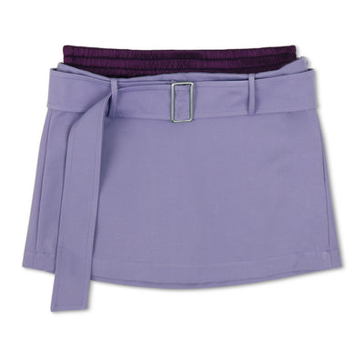 front of lavender montmartre mini skirt with elastic band and belt
