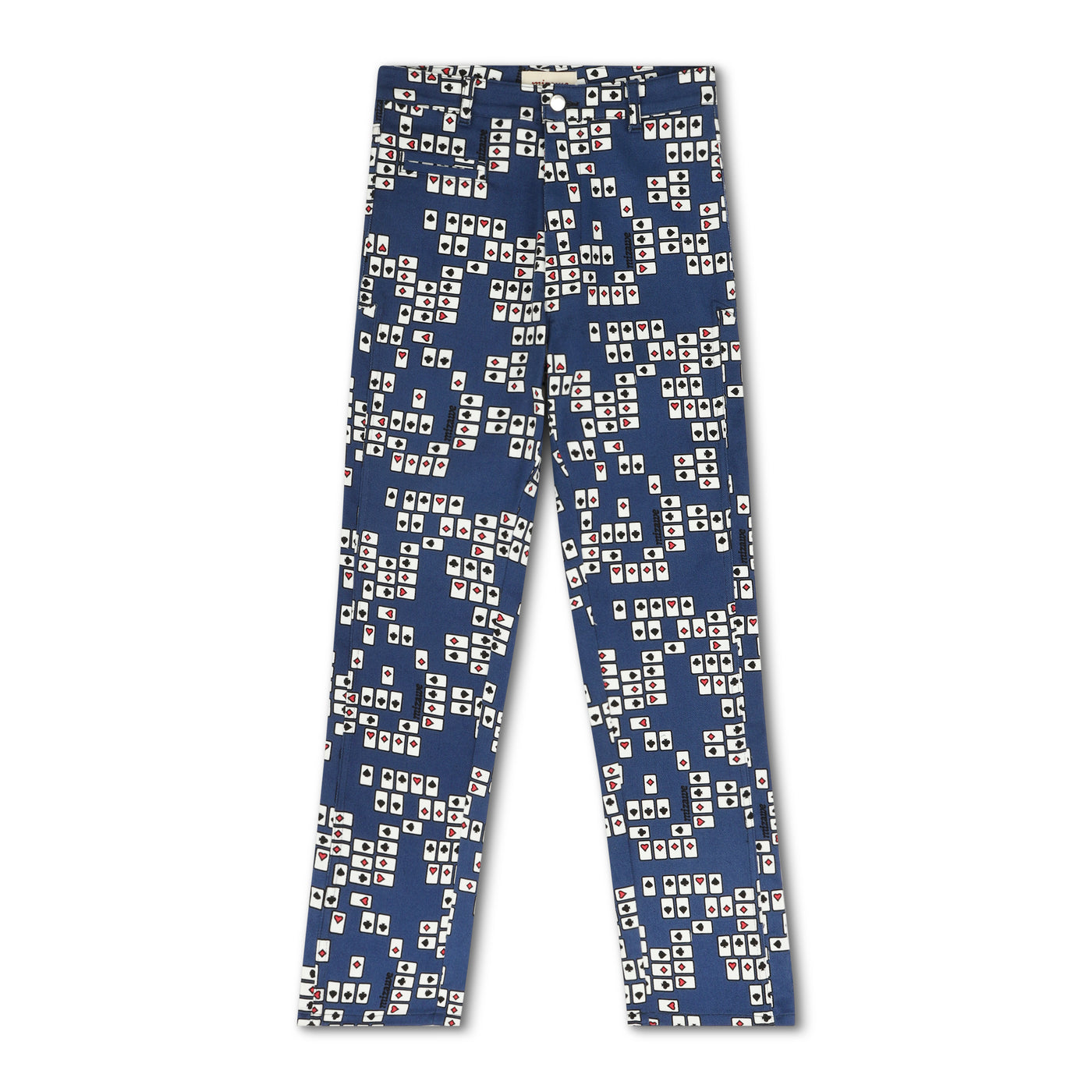 front view of mizawe reno pant in playing card print