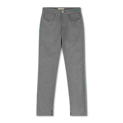 front of santa fe pant in grey with turquoise colored studs